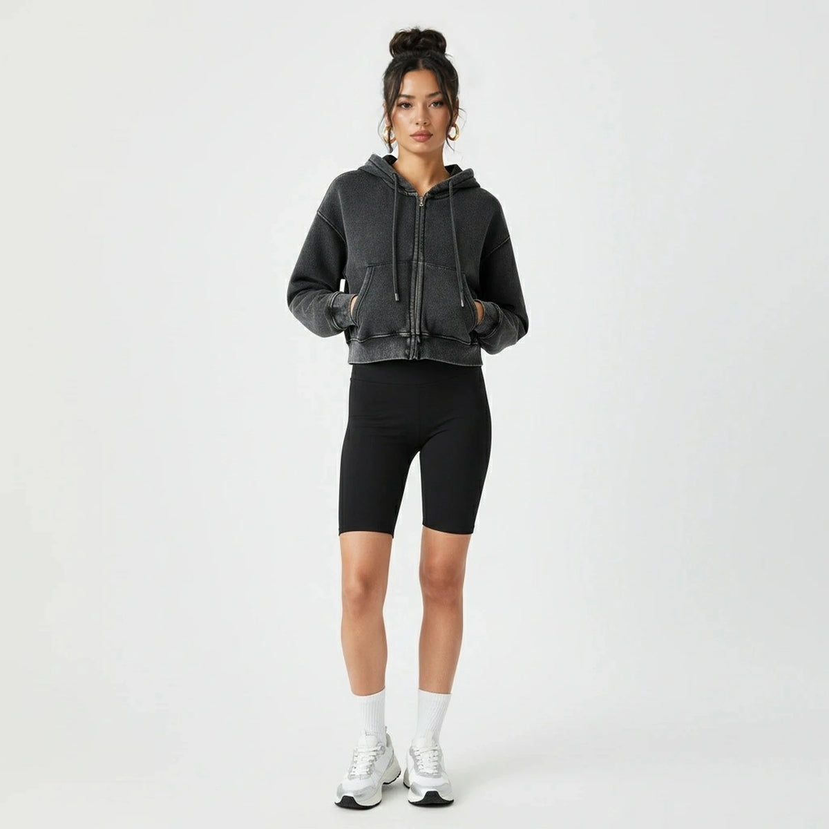 Washed Zipper Cardigan Jacket — black front