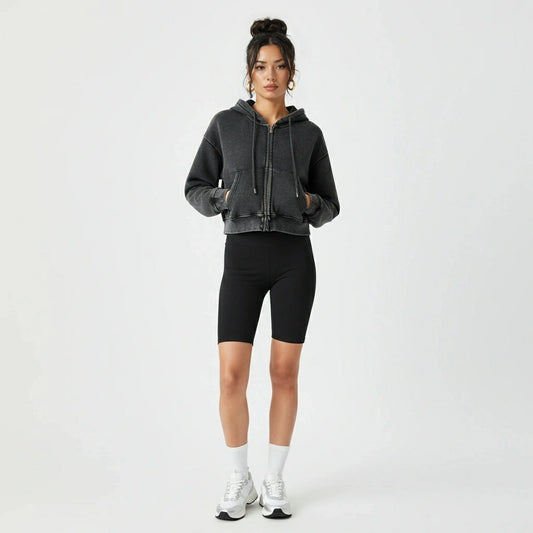 Washed Zipper Cardigan Jacket — black front