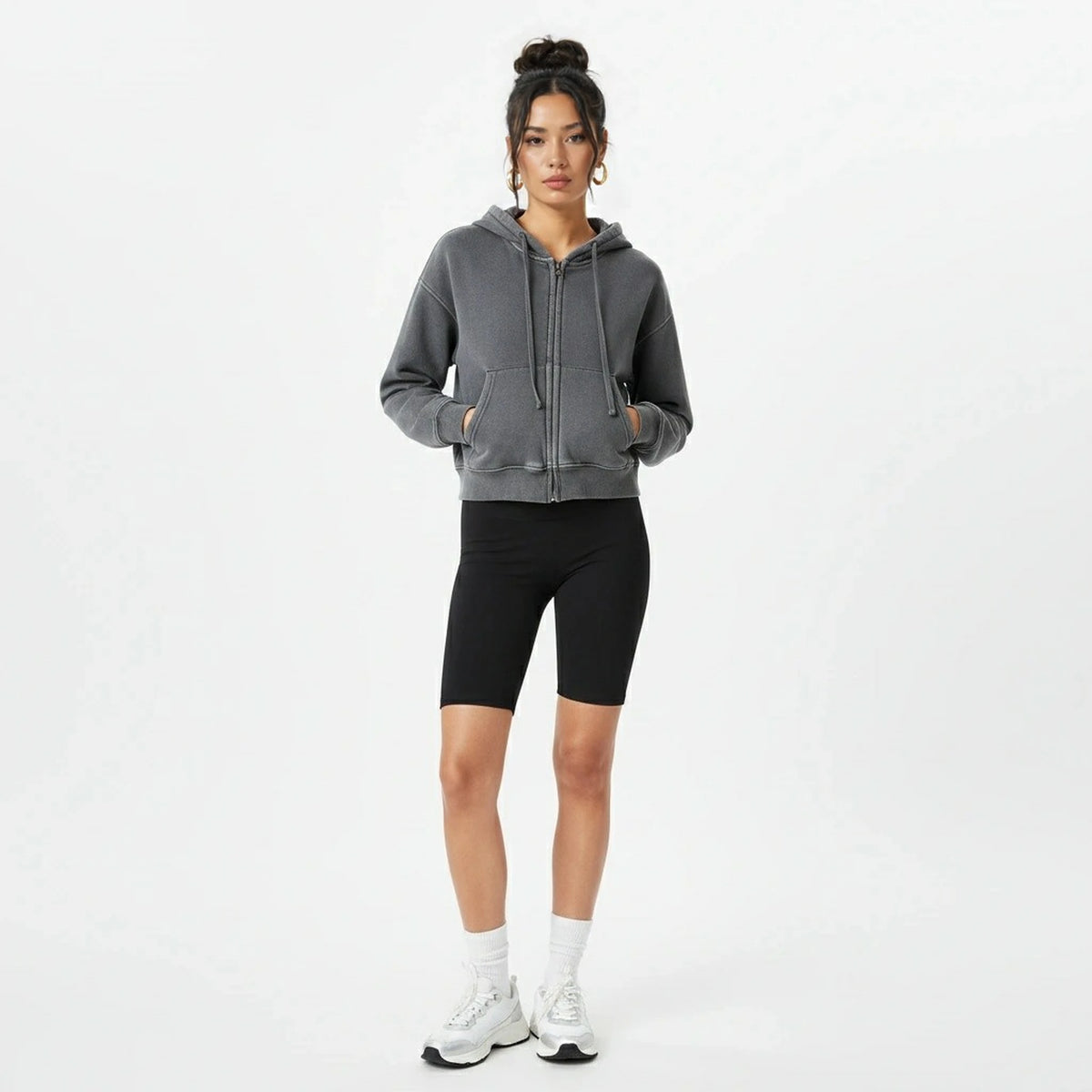 Washed Zipper Cardigan Jacket — dark gray front