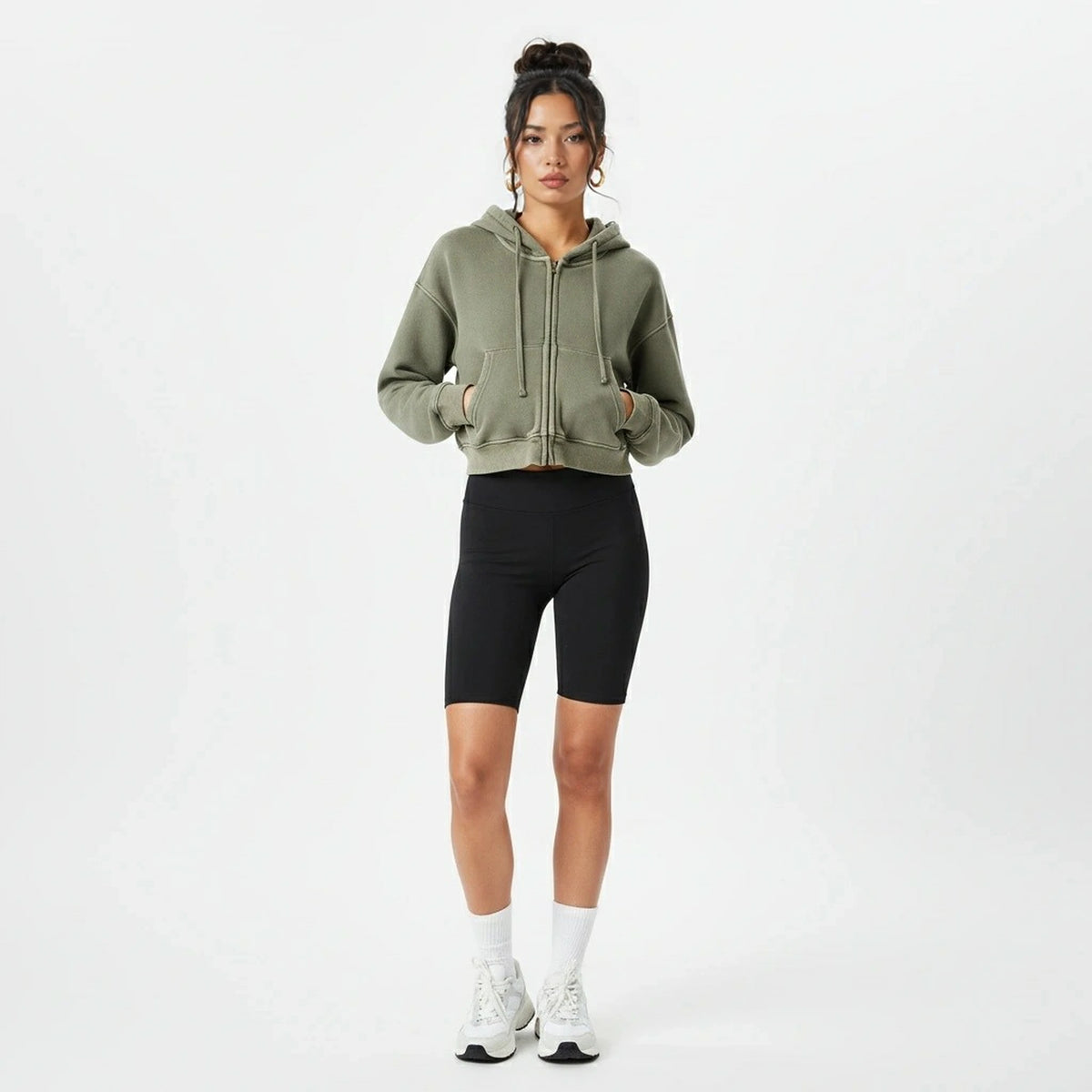 Washed Zipper Cardigan Jacket — olive green front