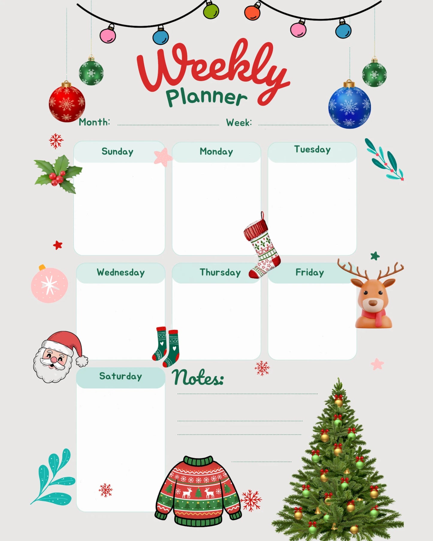 Holiday Weekly Planner Page Printable & Digital Journal Insert