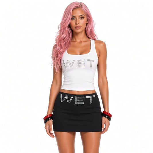 Rhinestone WET Tank Top — White close-up