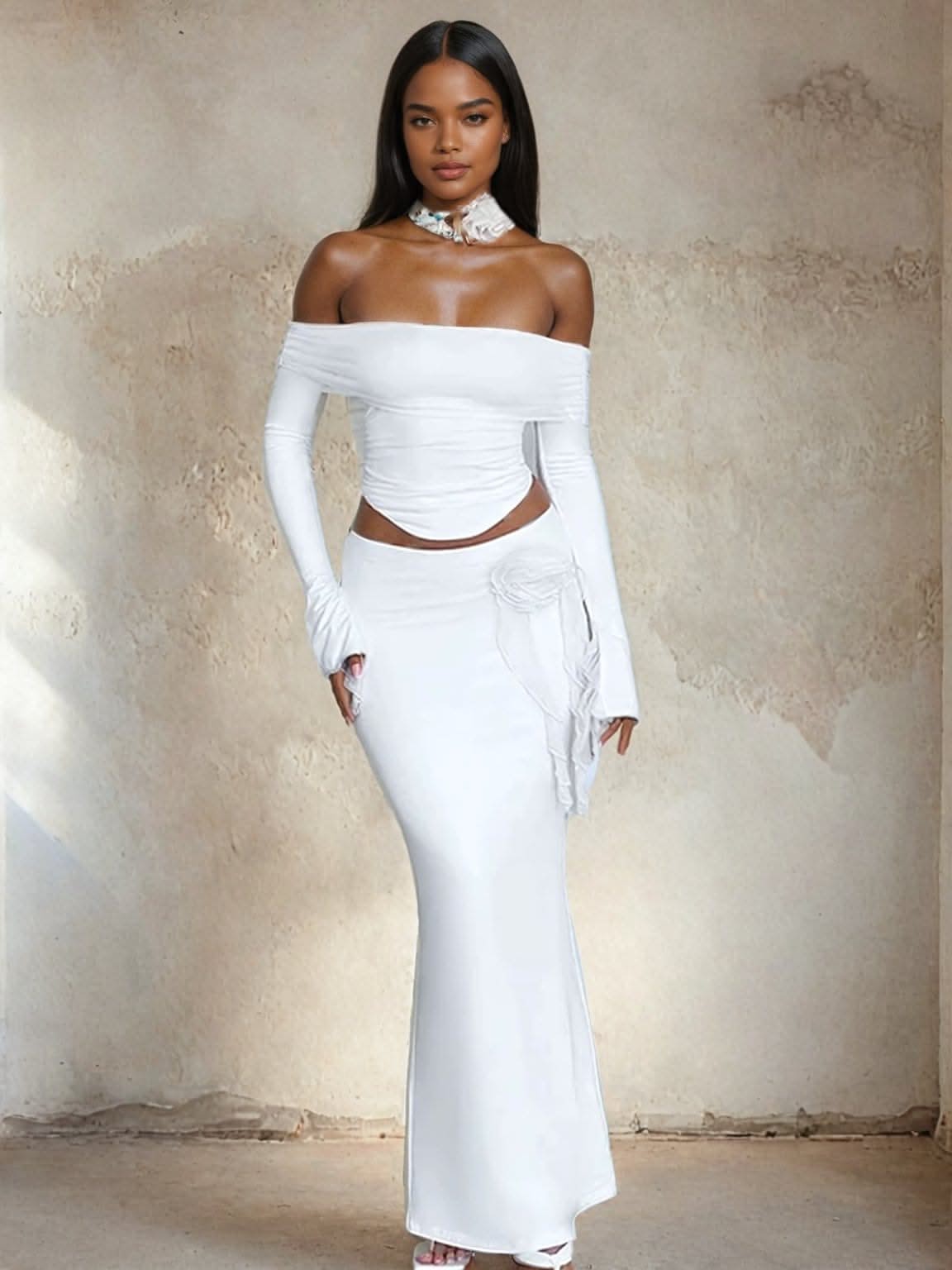 White 2-Piece-Off Shoulder Maxi Set | Mabel Love Co Two-Piece Skirt Set White 2-Piece-Off Shoulder Maxi Set | Mabel Love Co Two-Piece Skirt Set