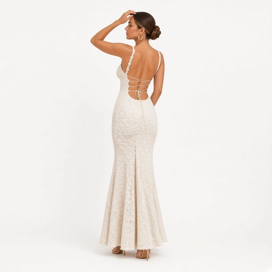 Lace Mermaid Maxi Dress — white back