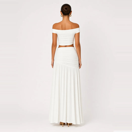 Off-Shoulder Crop Top & Ruched Maxi Skirt Set — white back