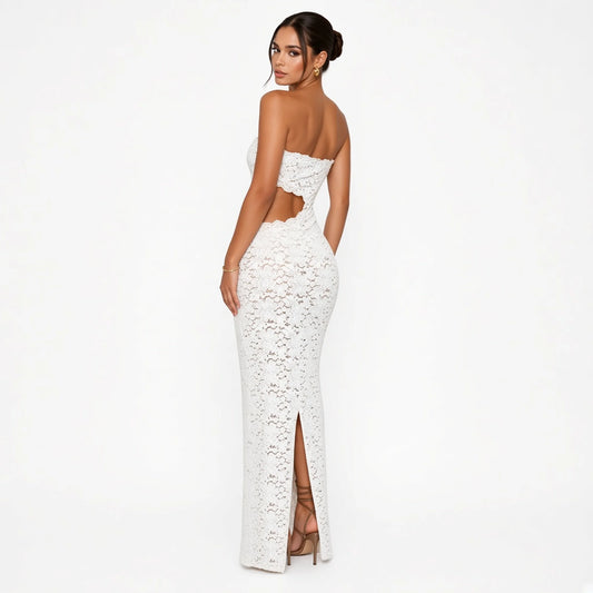 Lace Off-Shoulder Sexy Maxi Dress – Summer Party Style — white back