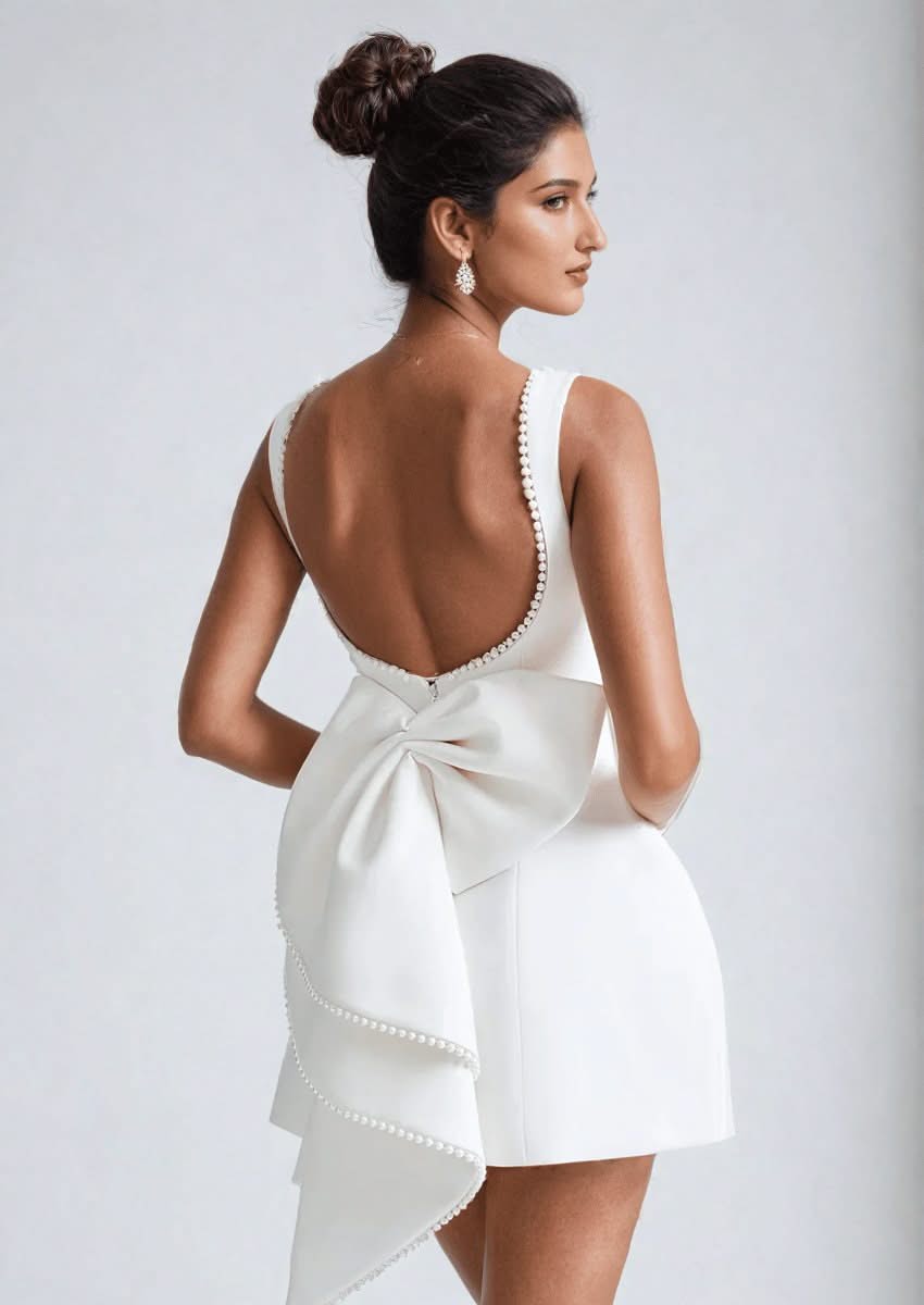 White Mini Dress with Pearl Trim and Bow Back Elegant Short Dress for Engagements White / M White Mini Dress with Pearl Trim and Bow Back Elegant Short Dress for Engagements White / M