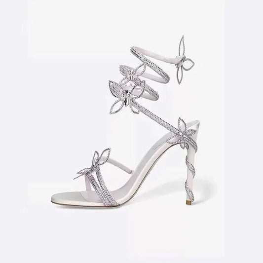 White Butterfly Lace - Up Heels