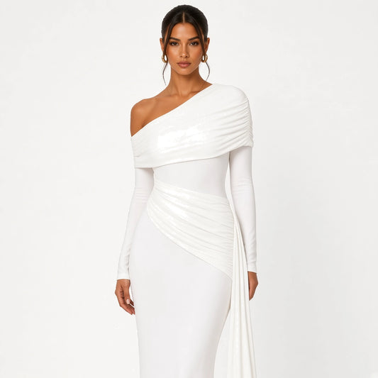 Ribbon One-Shoulder Gown — white close-up