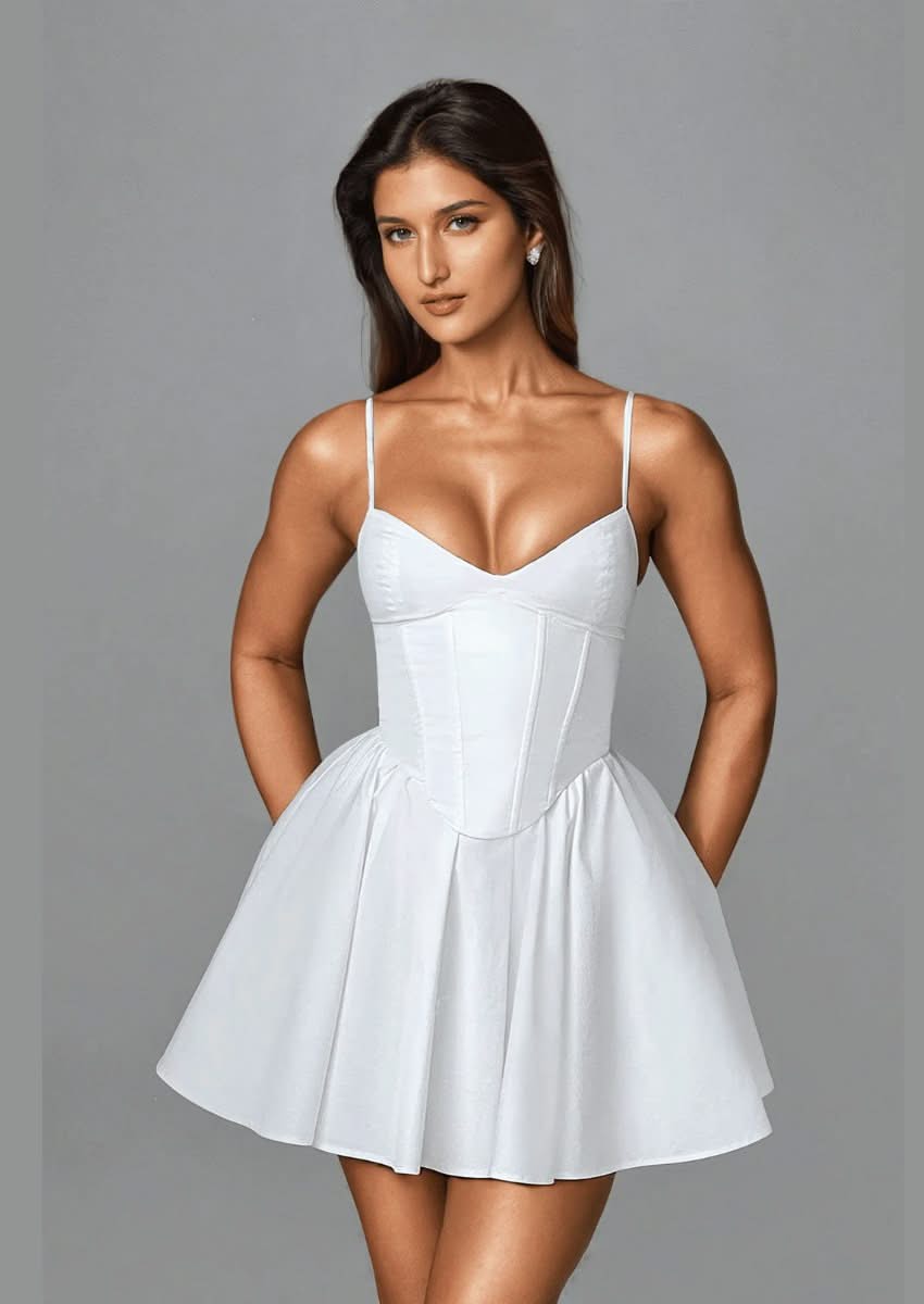 Outzidr White Pointed Waistline Solid Dress - White / L Outzidr White Pointed Waistline Solid Dress - White / L