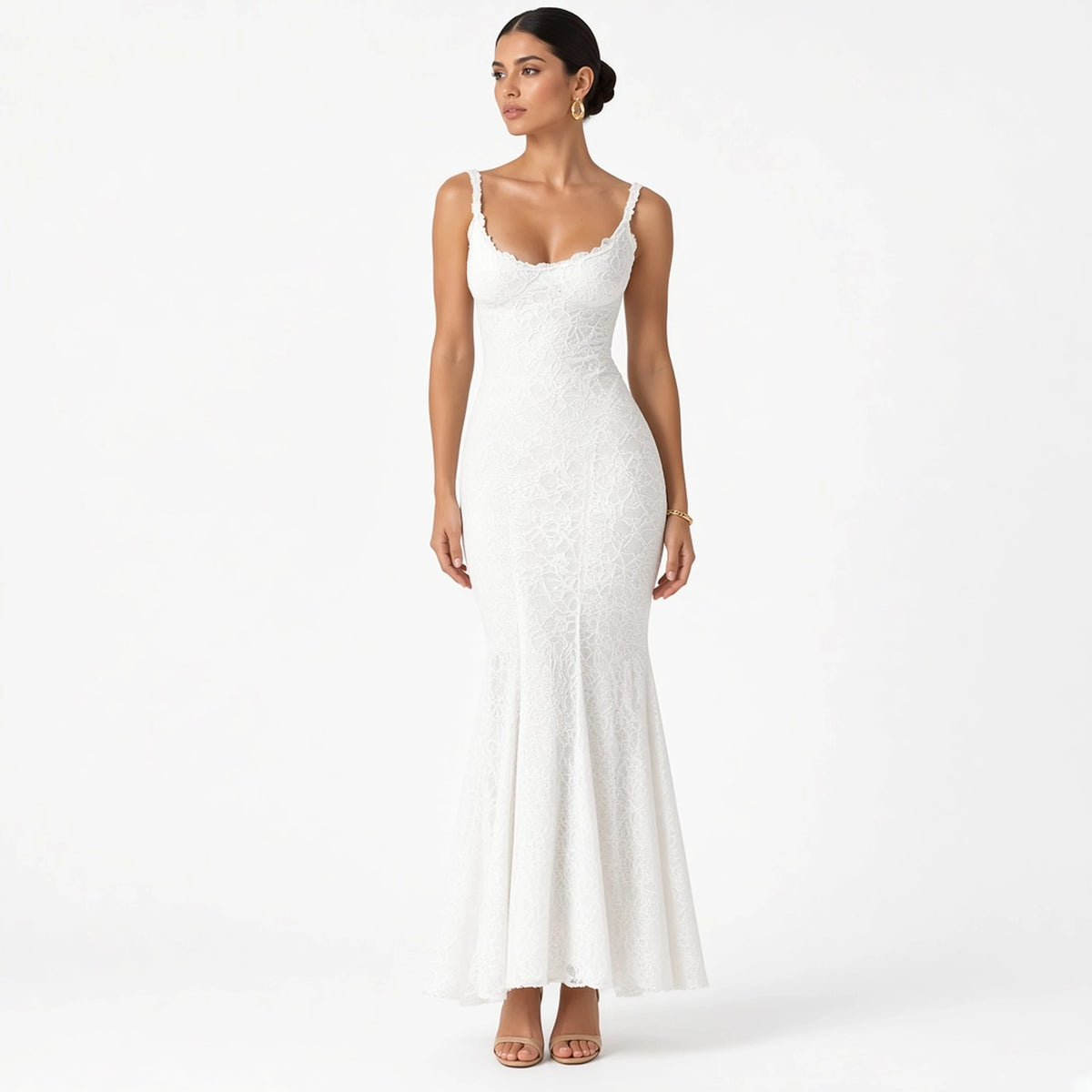 Lace Mermaid Maxi Dress — white front