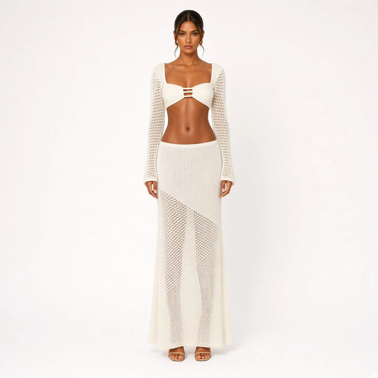 Chic Crochet Knit Skirt Set — White front