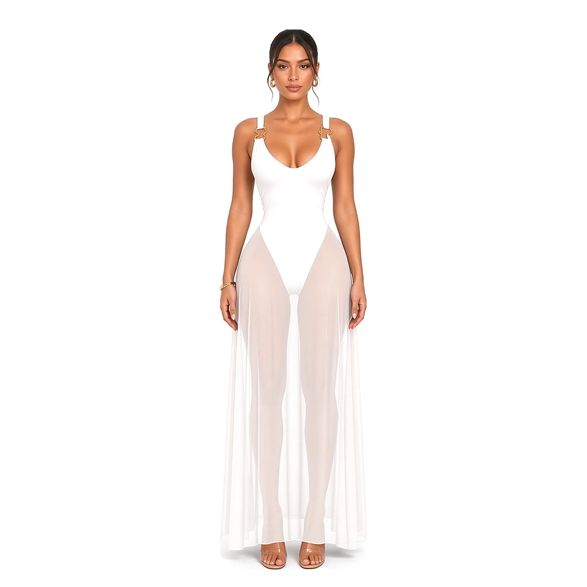 Mesh Skirt Bodysuit Maxi Dress — White front