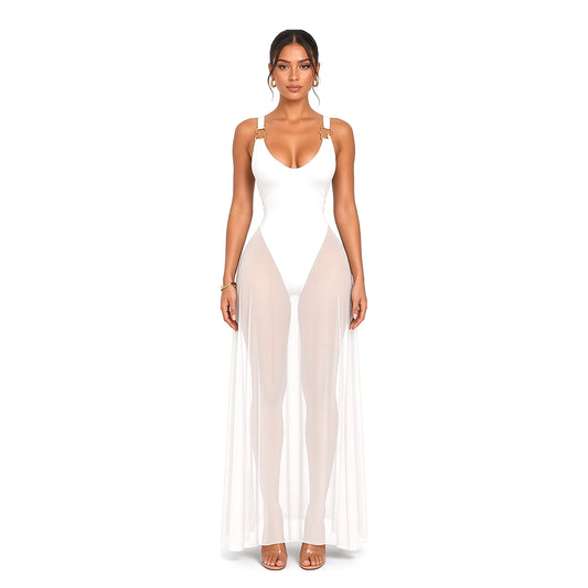 Mesh Skirt Bodysuit Maxi Dress — White front