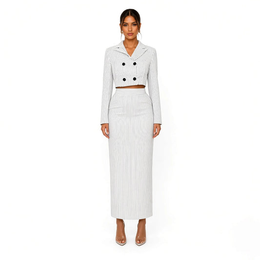 White Pinstripe Suit Set — front