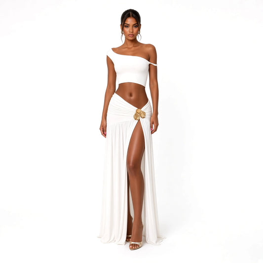 Skew Neck Maxi Skirt Set — White front