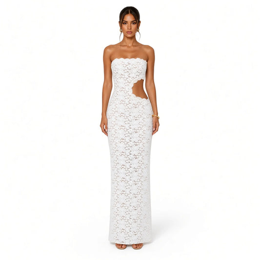 Lace Off-Shoulder Sexy Maxi Dress – Summer Party Style — white front