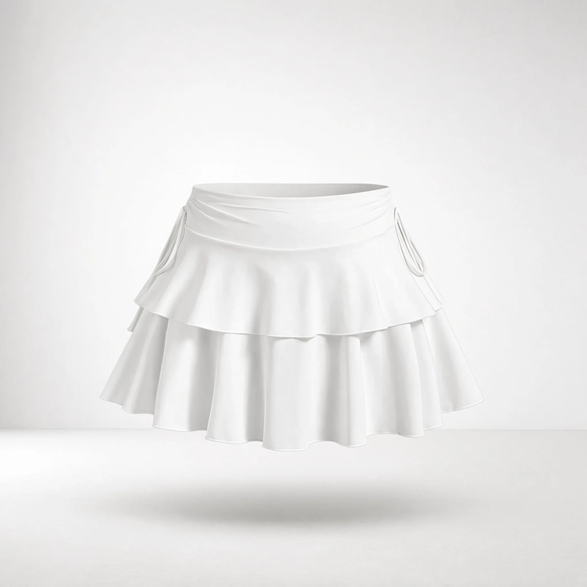 Double-Tier Drawstring Ruffle Mini Skirt — white front