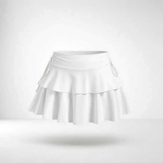 Double-Tier Drawstring Ruffle Mini Skirt — white front