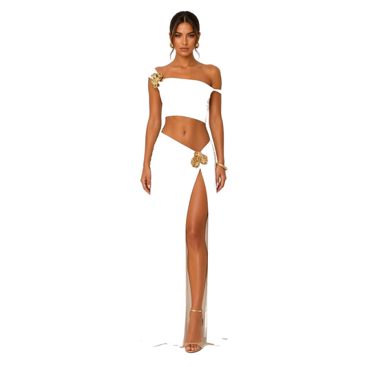 One-Shoulder Gold Rosette Maxi Set — white front