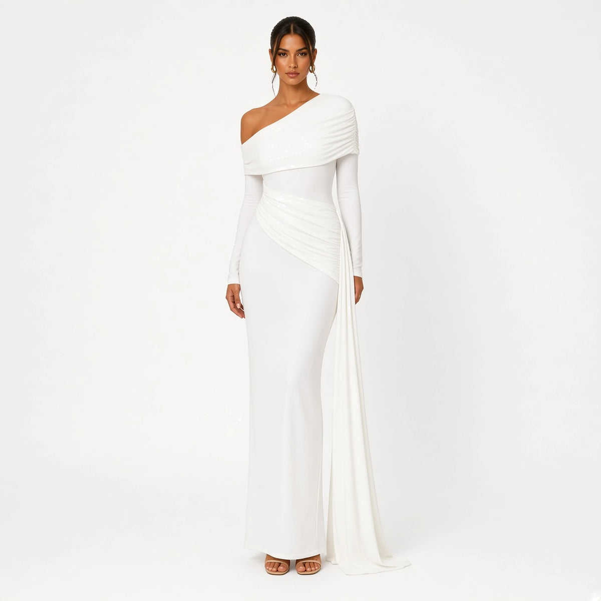 Ribbon One-Shoulder Gown — white front