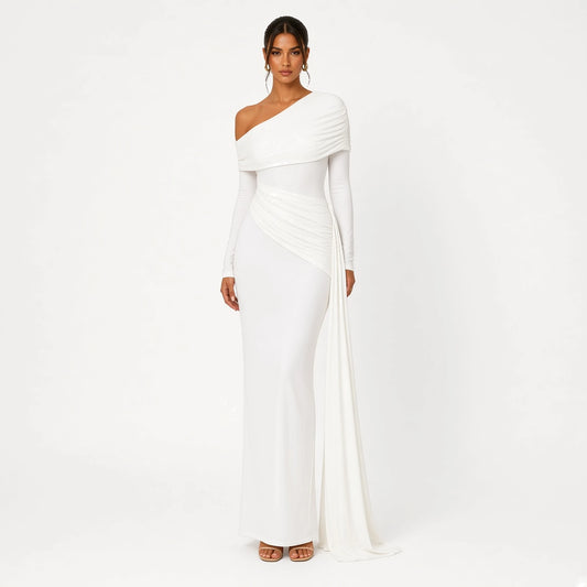 Ribbon One-Shoulder Gown — white front