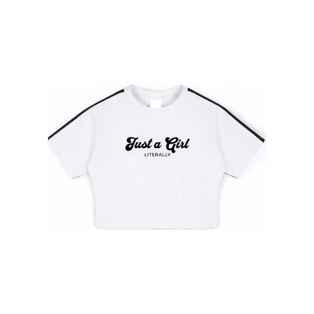 White Performance Crop Top - Just a Girl — corrected front ghost image with standard spacing