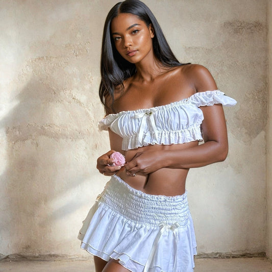 White Ruched Bandeau Top and Pleated Mini Skirt Set