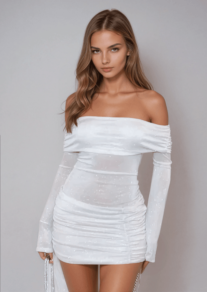 Weird Puss Shine Ruched Dress Women Slash Neck Backless Skinny Stretch Full Sleeve Autumn Trend Sexy Elegant Chic Mini Bodycon White / L Weird Puss Shine Ruched Dress Women Slash Neck Backless Skinny Stretch Full Sleeve Autumn Trend Sexy Elegant Chic Mini Bodycon White / L