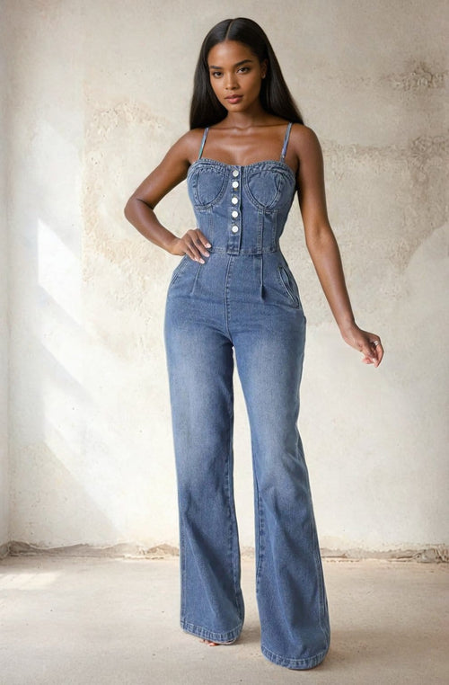 Wide - Leg Denim Jumpsuit