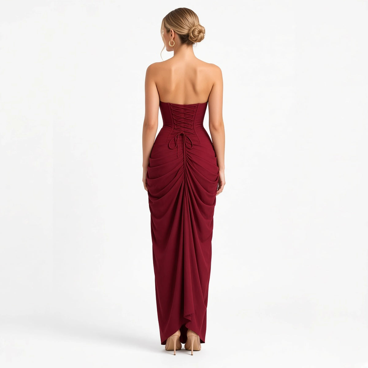 Halter Ruched Maxi Dress — wine back