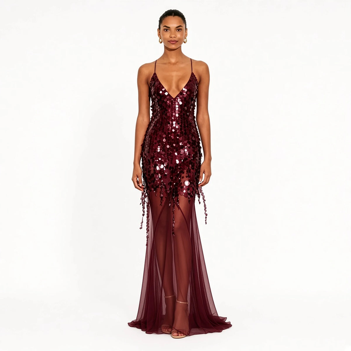 Sequin Mesh Mermaid Dress — wine front