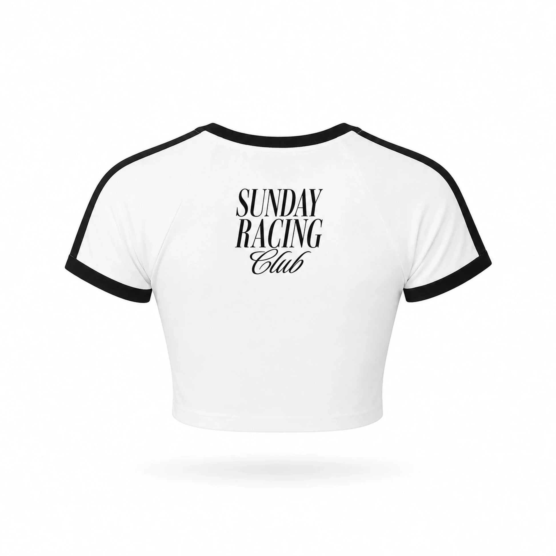 White ringer crop top with black trim on the crew neck and sleeve cuffs, featuring the text 'SUNDAY RACING Club' printed in black on the chest.