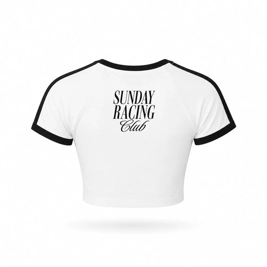 White ringer crop top with black trim on the crew neck and sleeve cuffs, featuring the text 'SUNDAY RACING Club' printed in black on the chest.