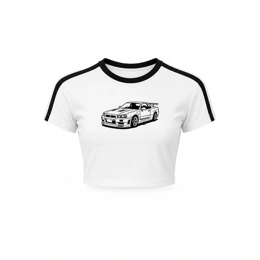Women’s Racing Crop T-Shirt white crop top front ghost view with black trim and racing car graphic