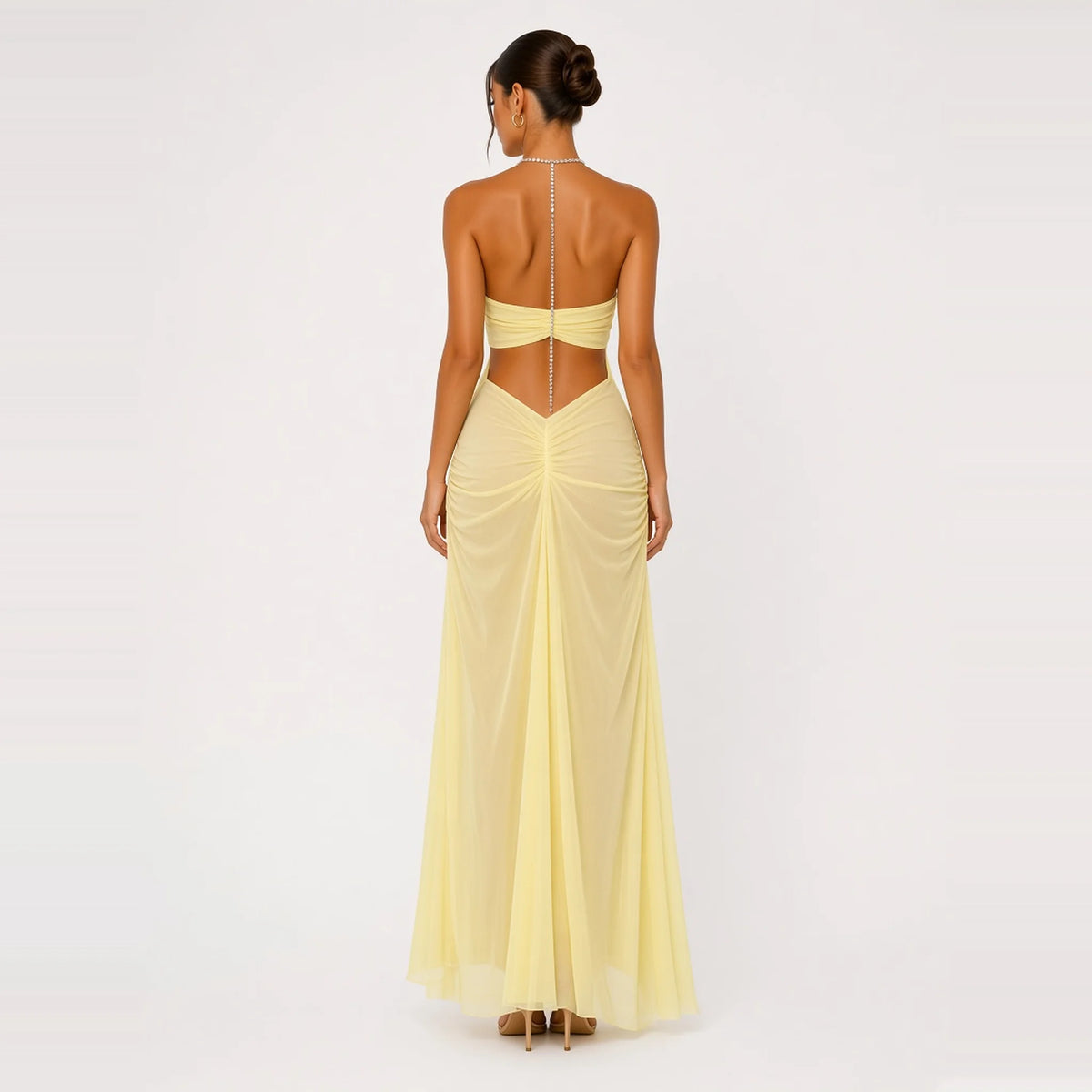 Rhinestone Chain Halter Backless Maxi Dress — yellow back