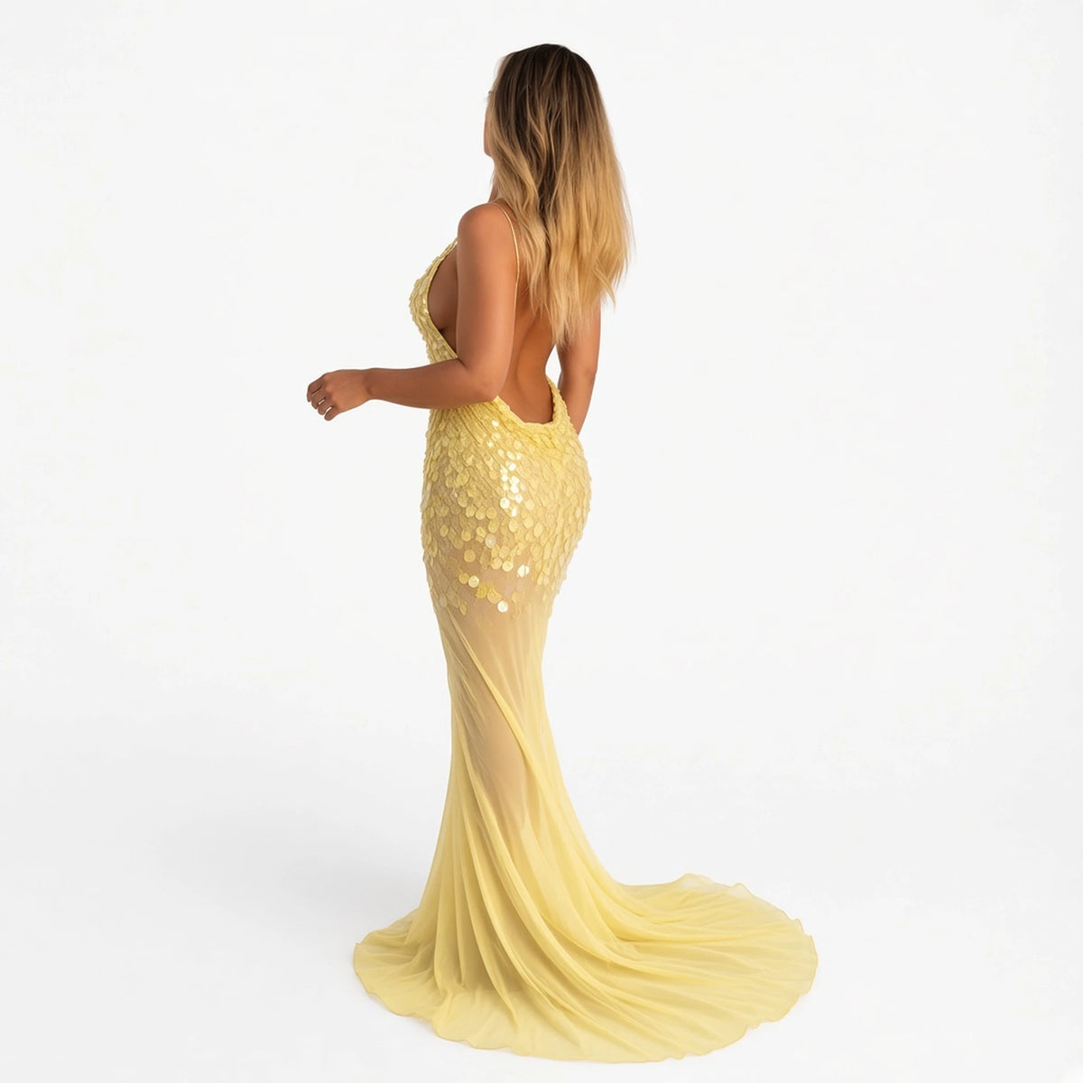 Sequin Mesh Mermaid Dress — yellow back