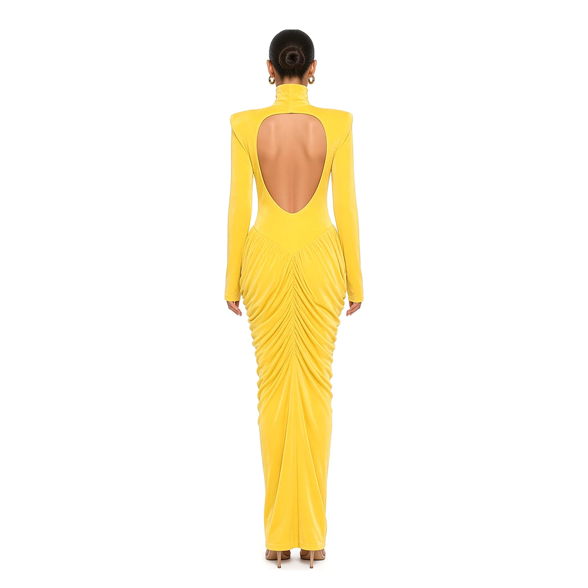 Ruched Turtleneck Open-Back Maxi Dress — Yellow back
