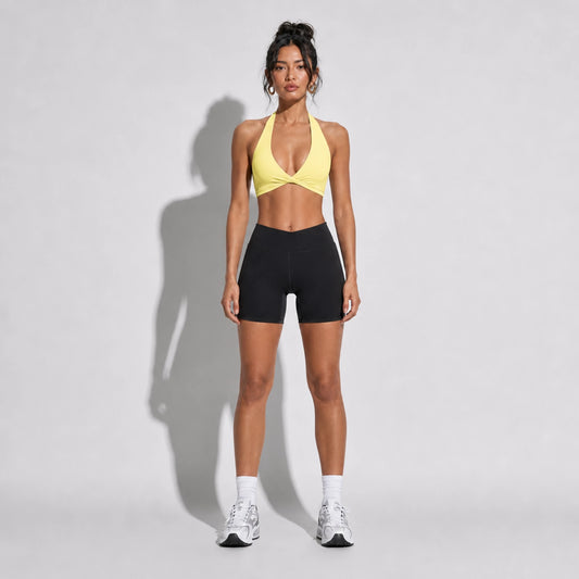 Set — Twist Halter bra Yellow + Legging Shorts front on-model 2048