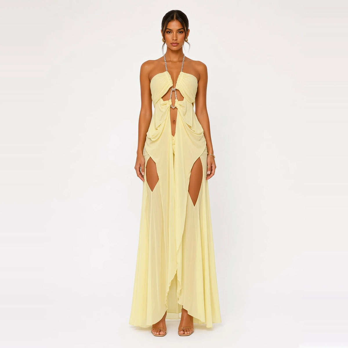 Rhinestone Chain Halter Backless Maxi Dress — yellow front