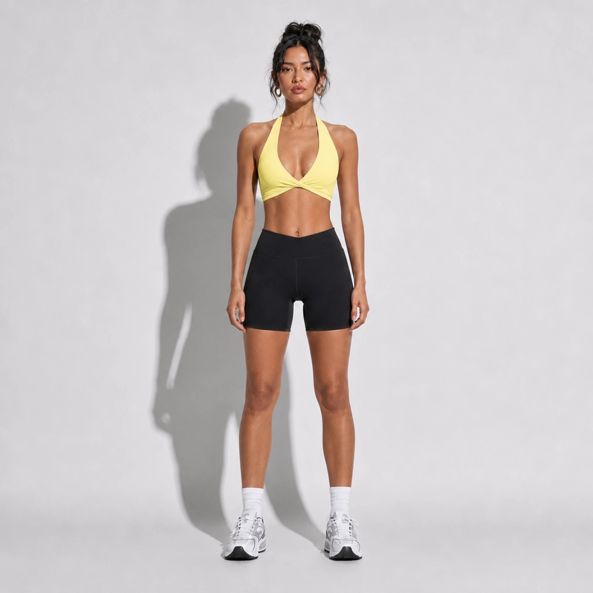 Set — Twist Halter bra Yellow + Legging Shorts front on-model 2048