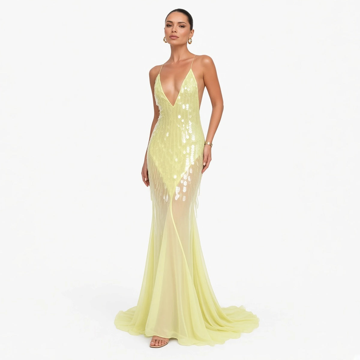 Sequin Mesh Mermaid Dress — yellow front