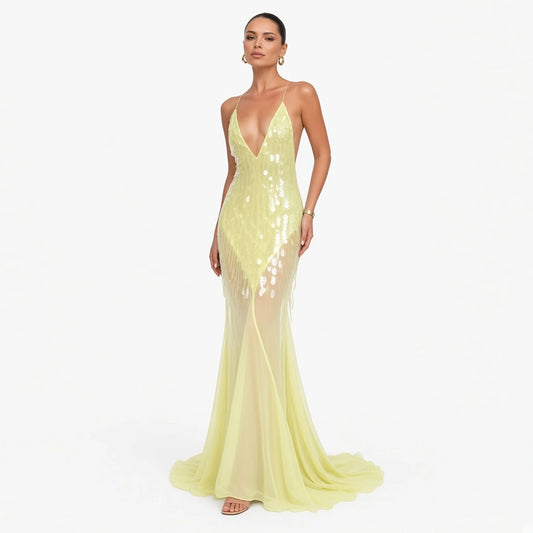 Sequin Mesh Mermaid Dress — yellow front
