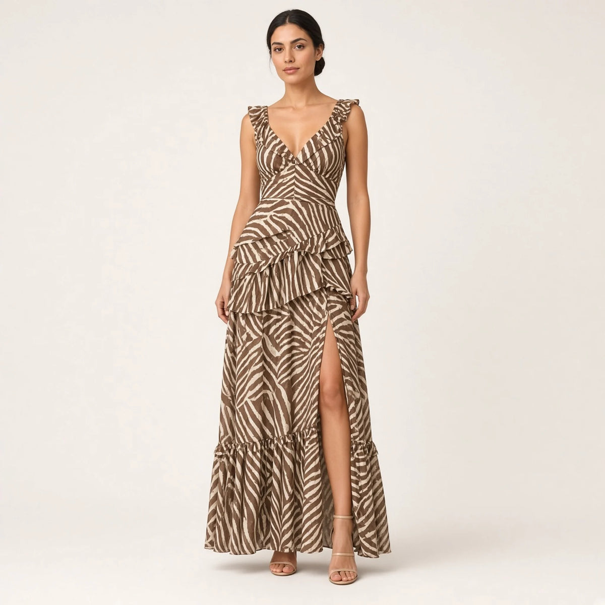 Zebra Ruffle Split Maxi Dress — front