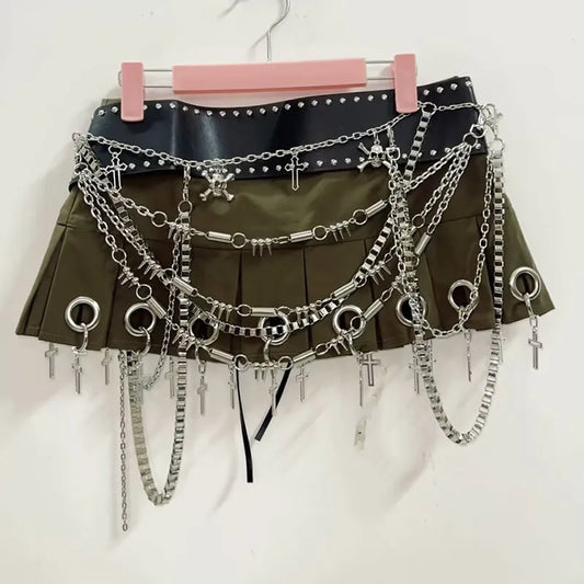Green Punk Mini Skirt with Silver Chains