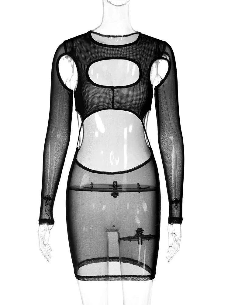 Long Sleeve Cut Out Mesh Mini Dress Bodycon Sexy See through Hollow Out Sheer Dress Party Club Outfits Streetwear Y2K