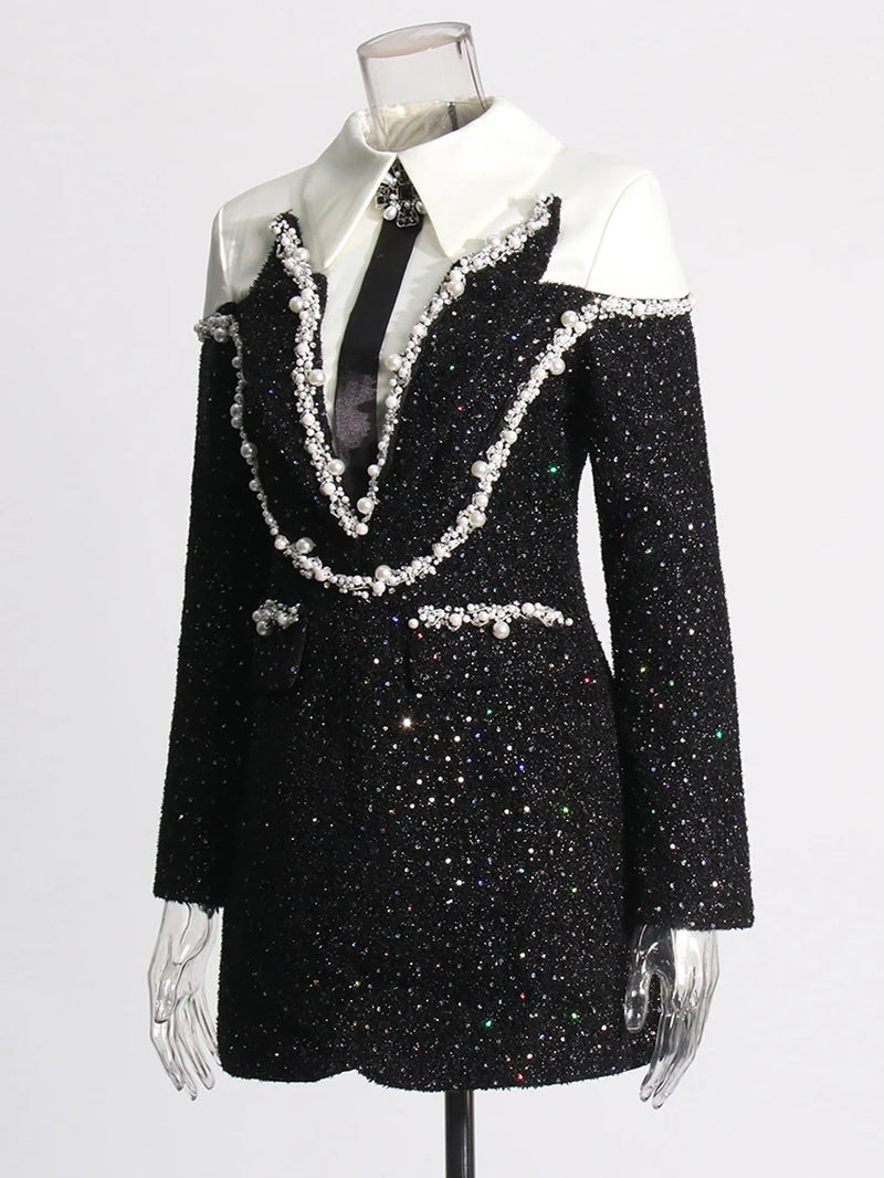 Colorblock Patchwork Sequins Dress for Women Lapel Long Sleeve High Waist Spliced Pearls Elegant Dresses Female New