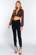 Long Sleeve Collar Front Twisted Crop Top Mabel Love Co